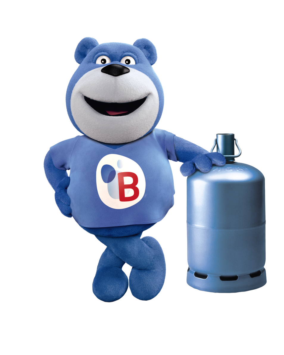 Bob accoudé à une bouteille de gaz Butagaz